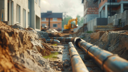 Installation of a sewage pipes in the street by public works to give access to mains drainage to neighboring houses and buildings - obrazy, fototapety, plakaty