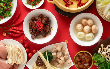 A table full of hot pot ingredients,created with Generative AI tecnology.
