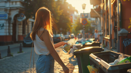 Young caucasian woman throwing away a plastic bottle in public plastic recycling bin in European city street - obrazy, fototapety, plakaty