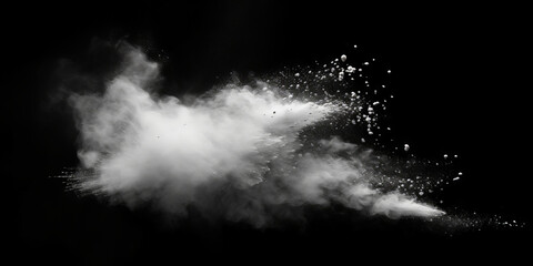 a white splash painting on black background, white powder dust paint red explosion explode burst isolated splatter abstract. white smoke or fog particles explosive special effect