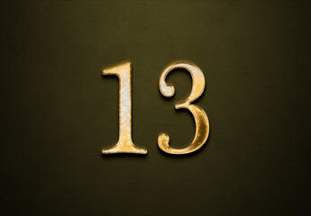 Old gold effect of 13 number with 3D glossy style Mockup.	