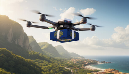 Technological shipment innovation in Nebraska - drone fast delivery concept, multicopter flying with cardboard box with flag Nebraska above city