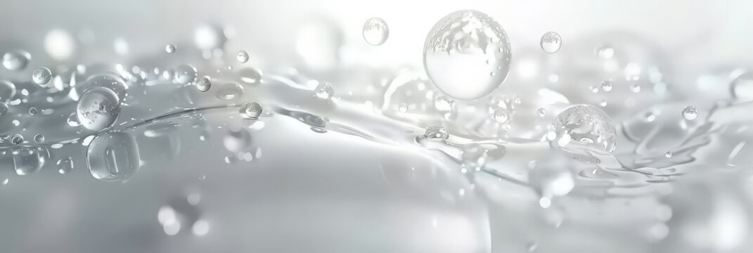  water drops and bubbles, molecules organic compounds blue background,Collagen Skin Serum and Vitamin ,  bubbles in water, playful and vibrant, for beauty skin care cosmetics, spa products,banner