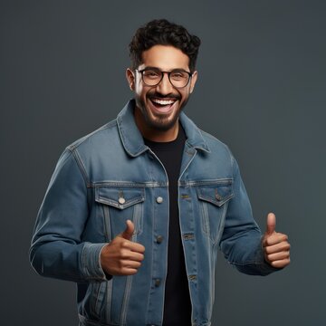 A Cheerful Arab man wearing a jacket and glasses has a snowy white smile, pointing his finger sideways at copy space for your text advertisement.