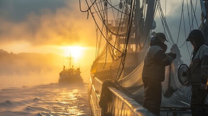 Misty Dawn Fishing: Silhouettes and Nets