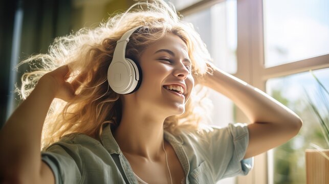 A Excited young Caucasian woman wearing headphones. Happy young woman in dancing headphones enjoying a weekend at home, stress-free concept.