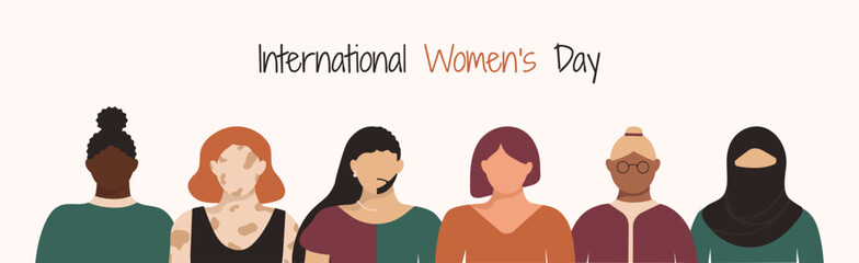 International Women Day banner. Woman in leadership, empowerment, gender equality concept. Crowd of girls of diverse age, races and identification in faceless style. Vector spring holiday background