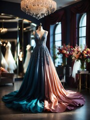 Beautiful colorful formal dress gown with spotlight in middle of a luxurious bridal shop setting from Generative AI