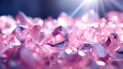 Background with pink crystals. Pink glass crystals with reflections of light. Abstract background with bokeh effect. AI generative