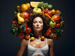Fototapeta na wymiar healthy fruit on head woman smart healthy and diet concept