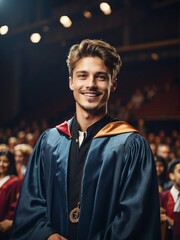 Fototapeta premium Happy smiling young handsome caucasian man on graduation outfit on a stage in the university from Generative AI
