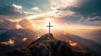 Foto auf Acrylglas Jesus cross on mountain hill christian son of god resurrection easter concept sunrise new day christ holy © The Stock Image Bank
