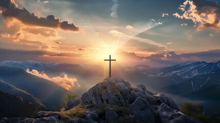 Jesus cross on mountain hill christian son of god resurrection easter concept sunrise new day...