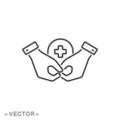 hands holding medical cross icon, provision of first aid, medical care, thin line symbol isolated on white background, editable stroke eps 10 vector illustration