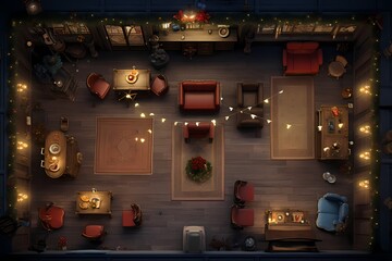 A high-definition snapshot of a festive ambiance from above, featuring enchanting decorations and providing an ideal space for text customization.