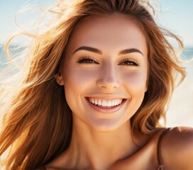 a woman with long hair smiling at the camera on a beach with the sun shining on her face 