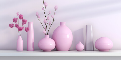 Soft hues of pink, blue, and yellow converge, providing an idyllic Easter background for advertising creativity, a table topped with lots of purple vases filled with flowers next to white plates 
