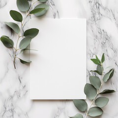 blank note paper card mock up on marble background with leaf decoration