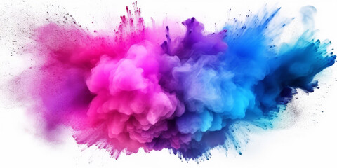 Fototapeta na wymiar a colorful splash painting on white background, blue pink purple powder dust paint red explosion explode burst isolated splatter abstract. rainbow smoke or fog particles explosive special effect