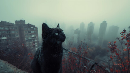 Black cat on the roof, foggy rainy day
