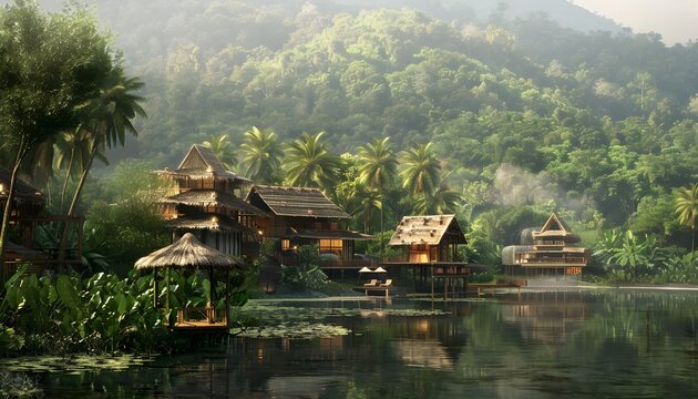 Village house by the river, with fantasy style, painting style, generated by AI
