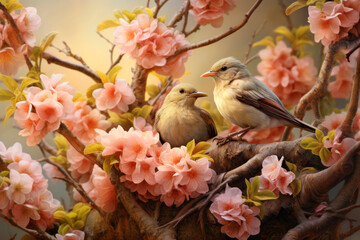 Two birds in close-up sitting on a flowering branch in the spring garden