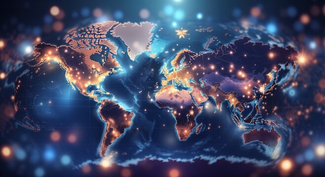 Fototapeta Digital world map illuminated with active trade routes and commerce spots
