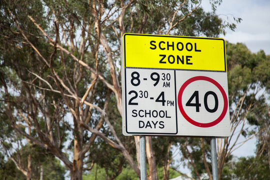 School Zone sign with gum tree background for small school