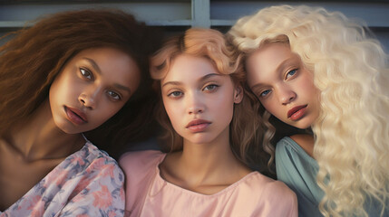 Fototapeta premium Three beautiful young girls of different nationalities are standing together
