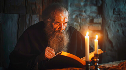 An aged bearded orthodox christian monk reading bible - obrazy, fototapety, plakaty