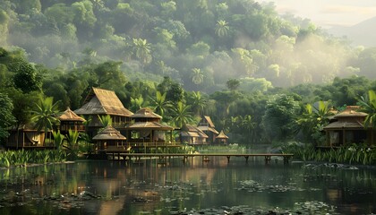 Fototapeta premium Village house by the river, with fantasy style, painting style, generated by AI