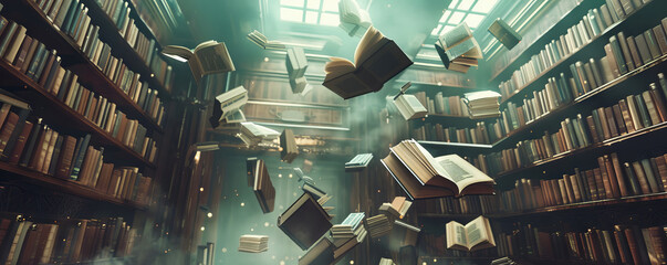 Old books floating in an old library, magical fairy tale atmosphere - obrazy, fototapety, plakaty