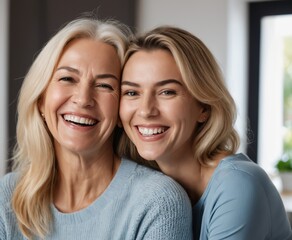 Happy blonde elderly mom and young daughter woman posing at home, 