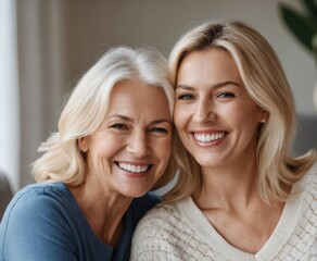 Happy blonde elderly mom and young daughter woman posing at home, 