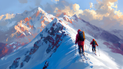 people wearing red coats and backpacks trekking up a snow-covered mountain. - obrazy, fototapety, plakaty