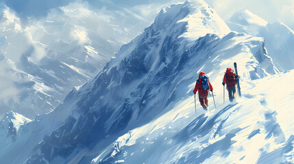 people wearing red coats and backpacks trekking up a snow-covered mountain. - obrazy, fototapety, plakaty
