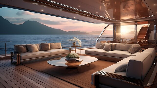 Fototapeta A luxury yacht interior with a blurred seascape outside, presenting a lavish lifestyle setting.