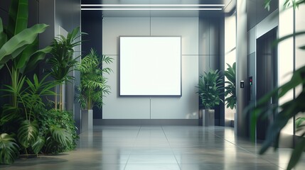 Office hallway with LCD screen. An elegant office lobby features a blank LCD screen on the wall for advertisements, flanked by lush green plants and modern elevators with a sleek, reflective floor.