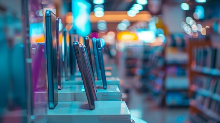 Modern smartphones on display. A vibrant image of the latest cell phones in a row, showcased in a store with a blurred background featuring colorful bokeh lights.