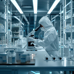 Laboratory researcher develop new medicine or cure using microscope.