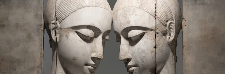 Marble relief from ancient Greece depicting both male and female faces.