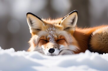 a red fox sleeping in the snow with its eyes closed and it's head resting on top of the snow. 