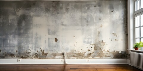 Black Mold Growth on Wall Caused by Water Damage from Flooding. Concept Wall Mold, Water Damage, Flooding Consequences, Mold Remediation Options