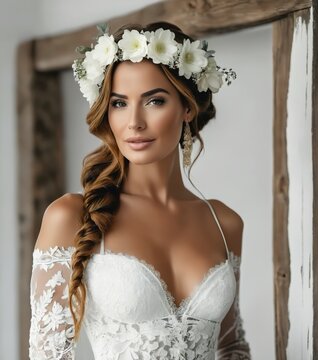 greek woman with a flower crown on her head wearing a white wedding dress 