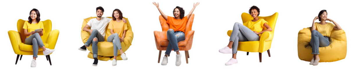 Set of Portrait Young woman relax happy smiling sitting in armchair, isolated on white background, png