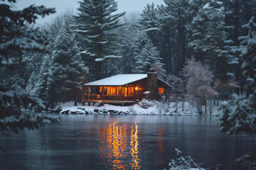 Fototapeta premium Cozy cabin by frozen lake in snowy forest during winter. Seasonal retreat and tranquility.