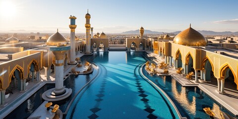 Enhance the Beauty of a Modern Mosque with a Stunning Pool - obrazy, fototapety, plakaty