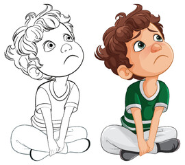 Two illustrated kids sitting, looking thoughtful and worried.