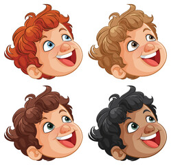 Four smiling cartoon children's faces illustration.