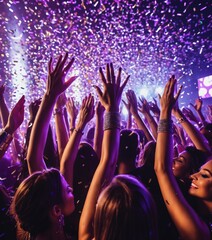 Close up photo of many party people dancing purple lights confetti flying everywhere nightclub
